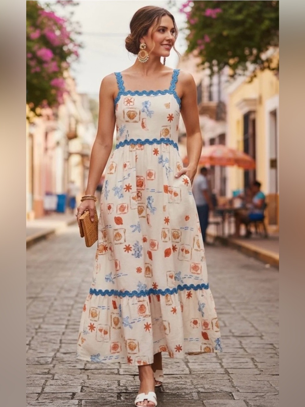 NWT CeCe Cream Maxi Dress with Blue Trim and Orange Print Size Medium